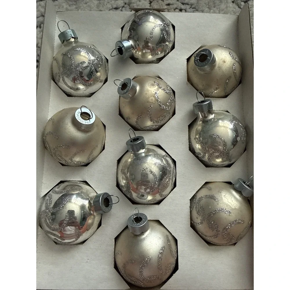 Vintage Pyramid Glass Christmas Ornaments Set of 10 Champagne Silver Glitter USA